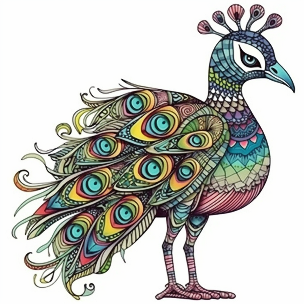Funny colorful cartoon peacock like a pompon clipart with big beautiful eyes and long beautiful legs distinct fine details watercolor technique black contour lines