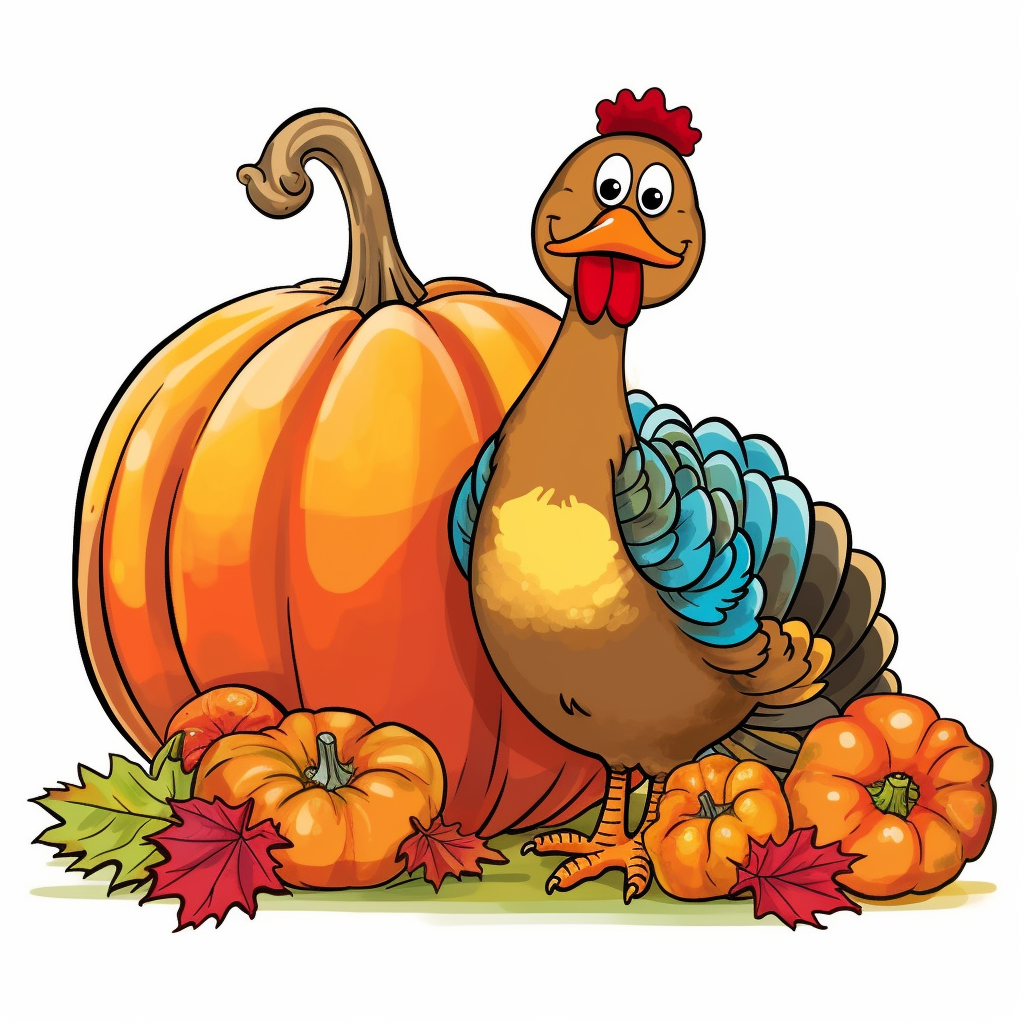 Fall funny turkey and pumpkin cartoon in vivid colors clipart on a white background in the