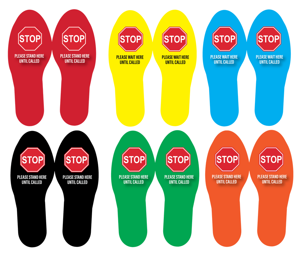Stop stand here social distancing footprints pairs