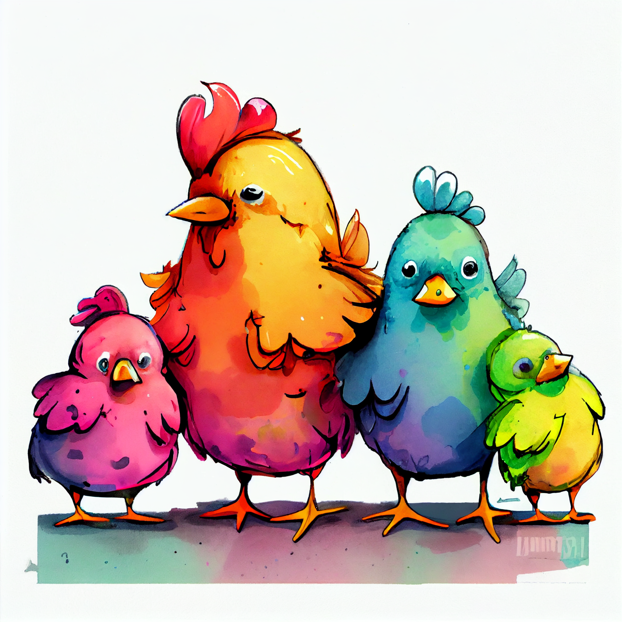 Funny pink yellow blue orange and green chickens with hen mom with beautiful legs like a