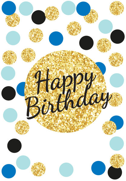 Personalised happy birthday gift wrap with blue gold and black dots â dom geri