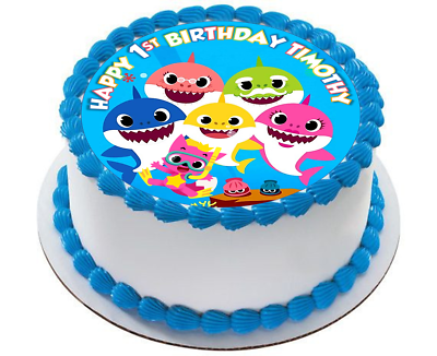Edible baby sharks personalized circle cake topper birthday image in uncut