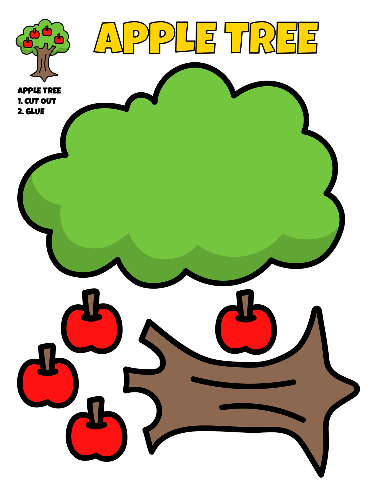 Apple tree cut and paste craft coloring worksheets for