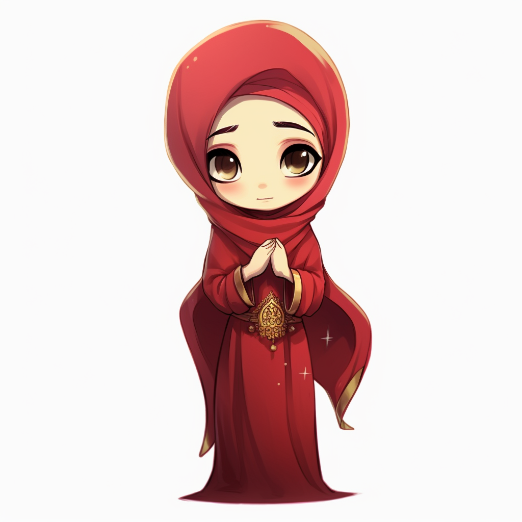 Fy elvish chibi goddess hijab no hair reveal grunge aesthetic eid wallpaper tall long red dress heels a gold bracelet on right hand rich color clipart