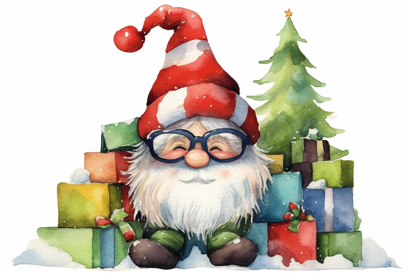 Adorable christmas gnome with hat covering his eyes colorful vibrant red green white christmas tree and presents watercolor clip art