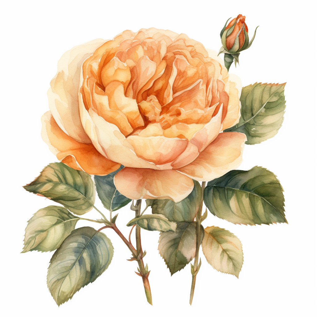 Minimalist elegant watercolor of an english garden rose in apricot color clipart hd on white background