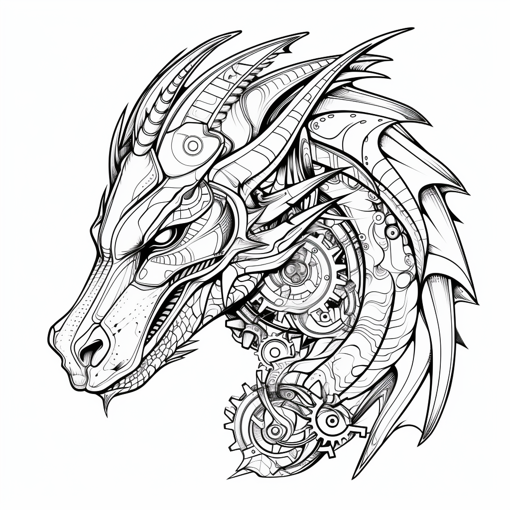 Minimalist epic dragon mechanical simplified iconographic symbolism clipart in coloring page style black and white white background