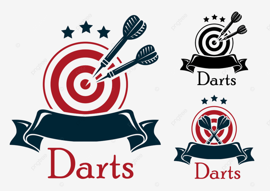 Dart clipart transparent png hd darts emblem with crossed a dart board and darts over a blank ribbon banner with stars above in three color variants with text darts accurate aiming center