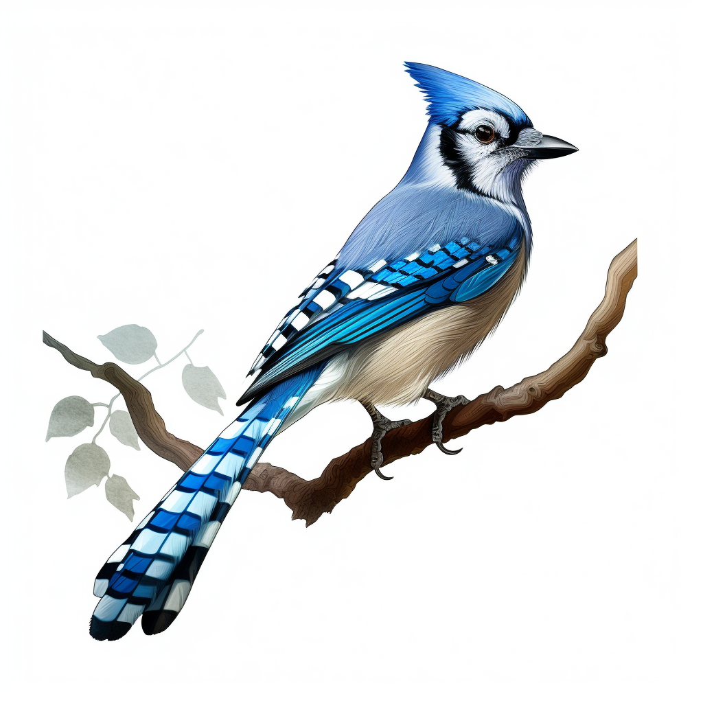 Realistic clipart of a blue jay on a branch white background