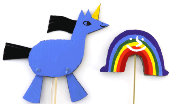 Dancing unicorn and rainbow stick puppets