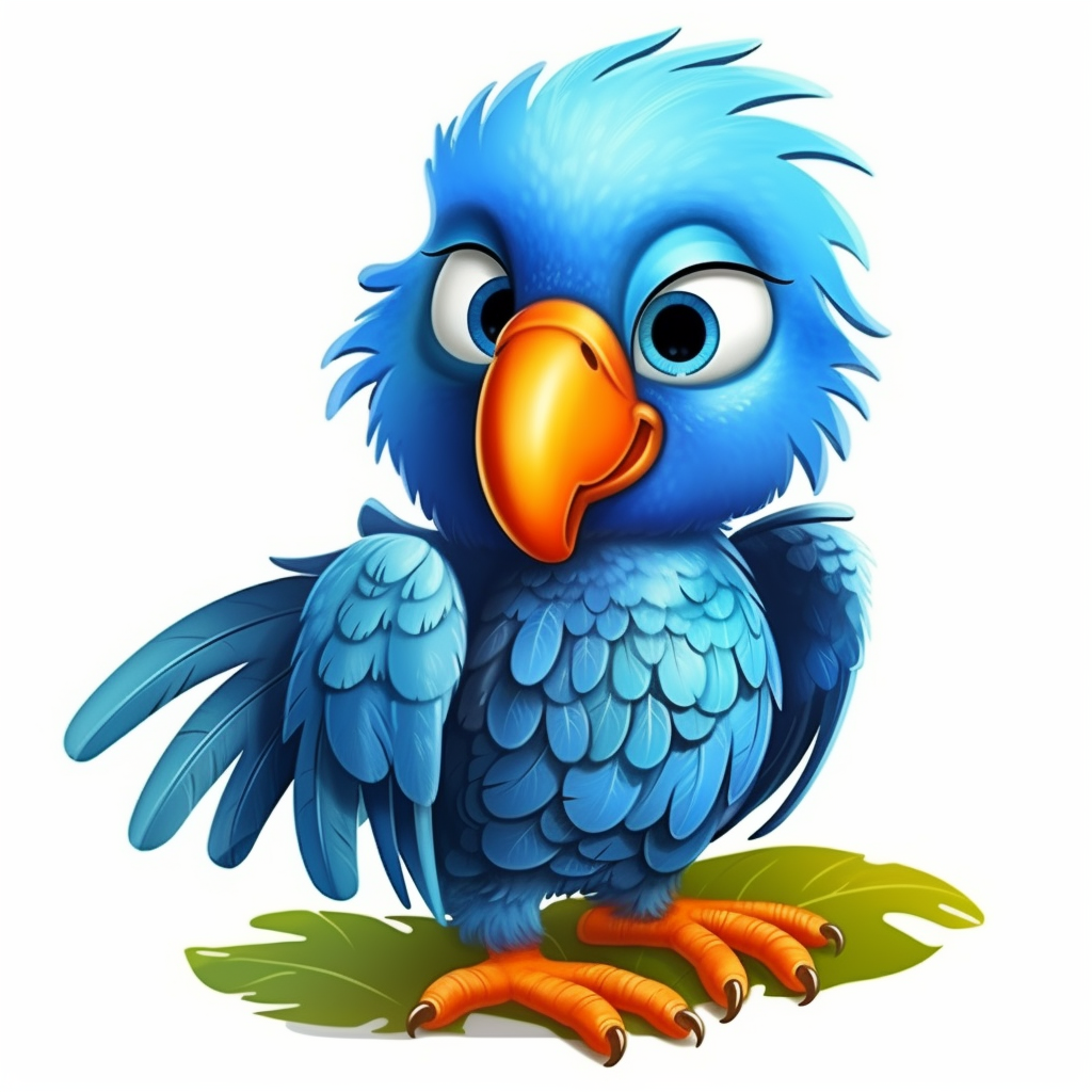 A cartoon like blue parrot with an orange beak full body full of blue feathers unhappy