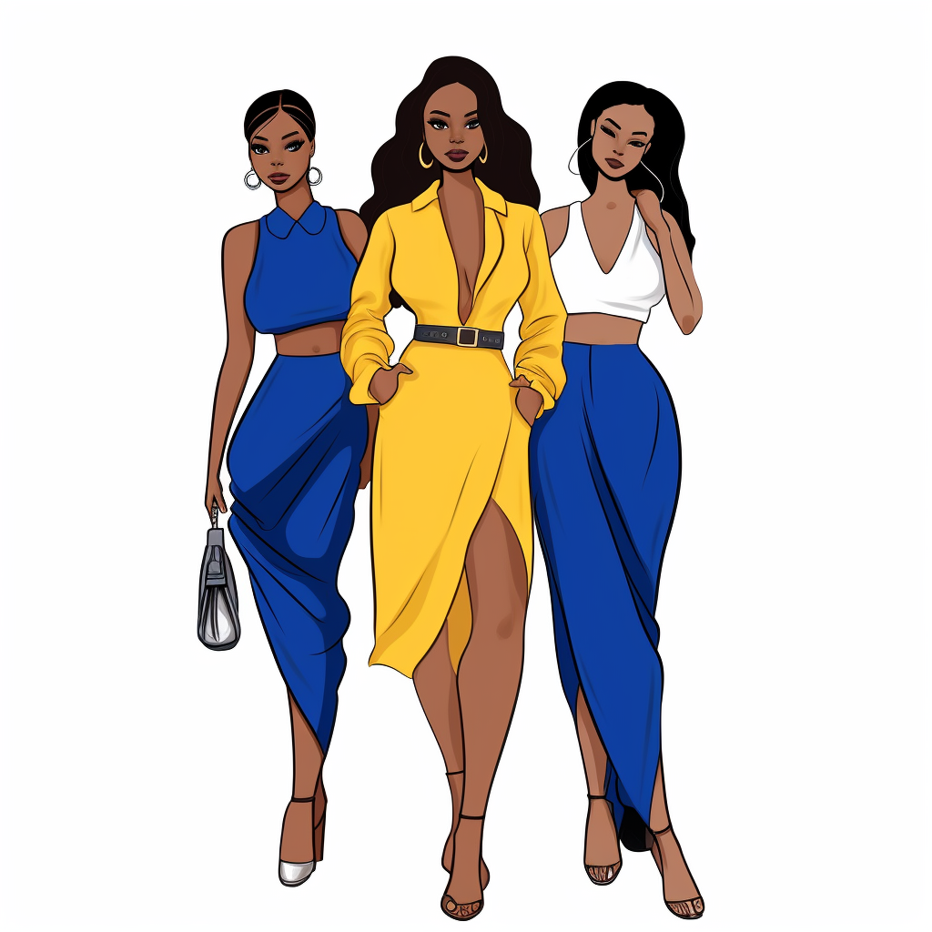 Full body melanin sorority girls wearing royal blue and mustard yellow with white background vector clipart character drawn with thick black lines like for a coloring book