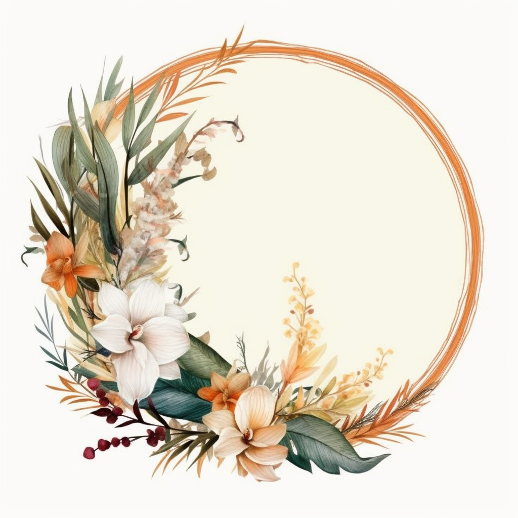 Boho round floral frame clipart ideal for weddings and events in boho style watercolor pampas grass