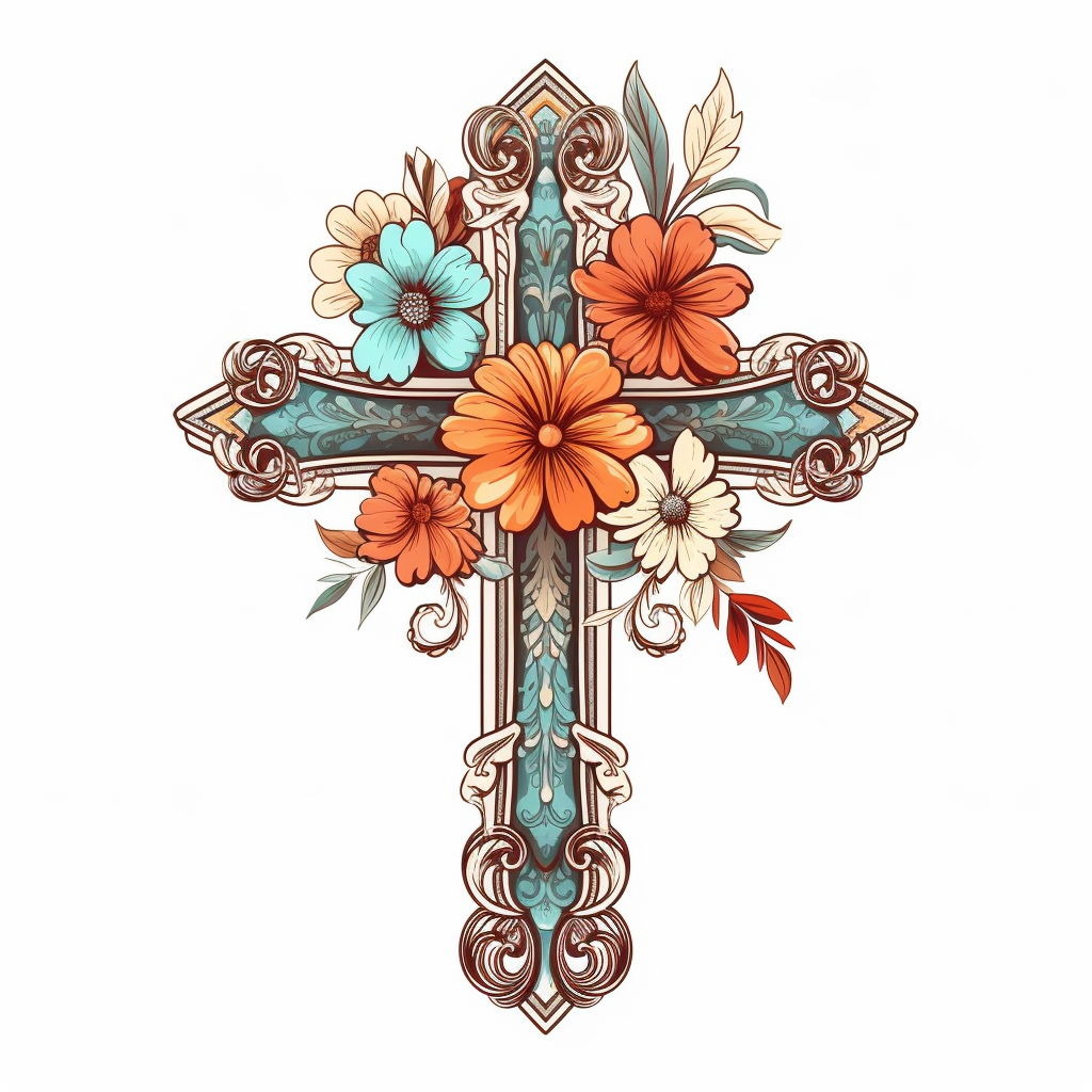 Boho colored cross with flowers classic tattoo motif clipart on white background engraved line work retro borders