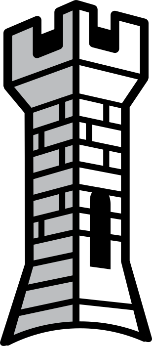 A black and white image of a brick building with a staircase clip art image