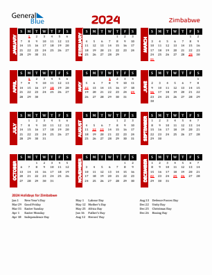 Zimbabwe calendars with holidays