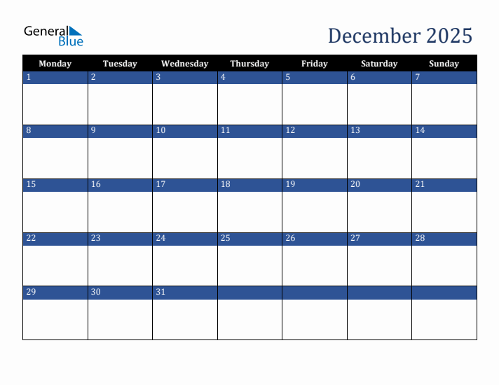 December monday start calendar pdf excel word