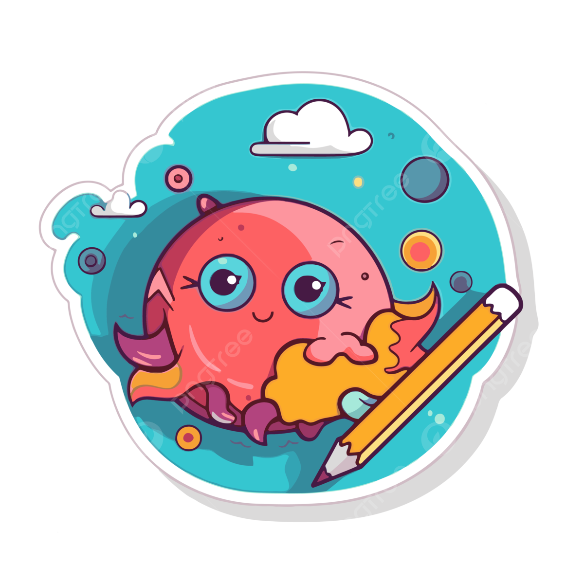 Cute pink monster with pencil and coloring book sticker clipart vector sticker design with cartoon colored paper isolated sticker png and vector with transparent background for free download