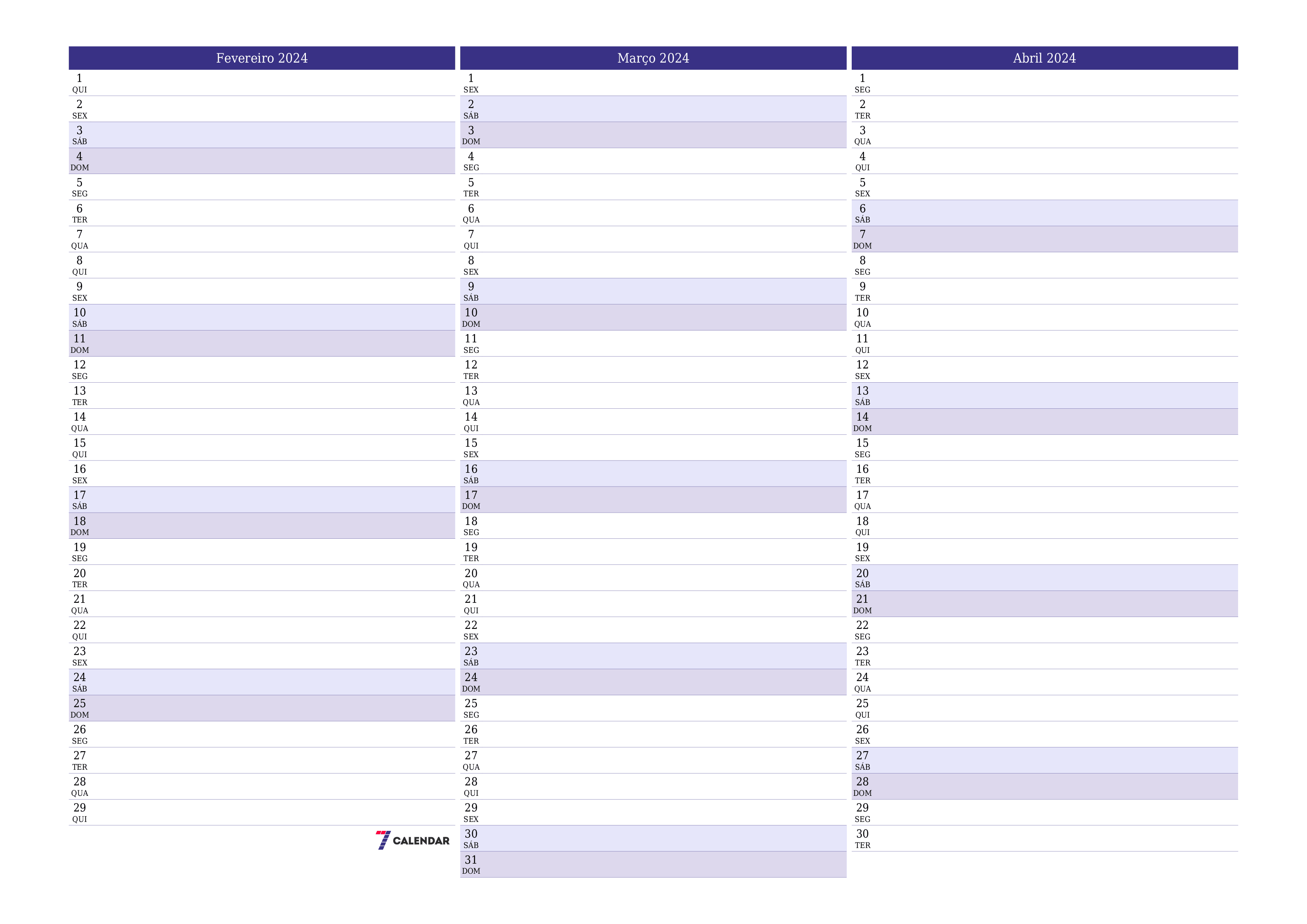 Calendãrios e planejadores imprimãveis fevereiro a a para pdf e png