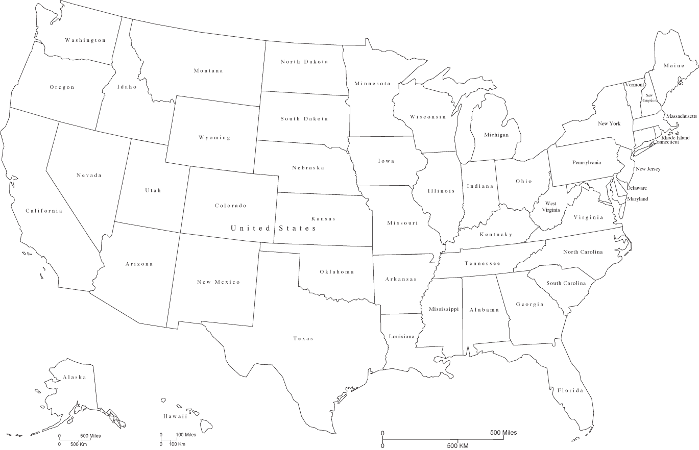 United states black white map with state areas and state names