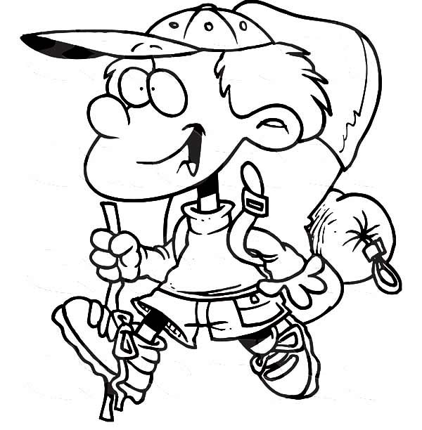 Strong little boy with enormous camping backpack coloring pages