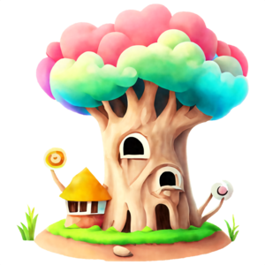Download colorful cartoon tree with candy canes and houses png online