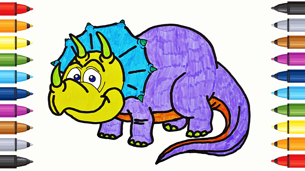 Triceratops drawing and coloring for kids with colored markers dinosaur drawing dinosaur kids drawings