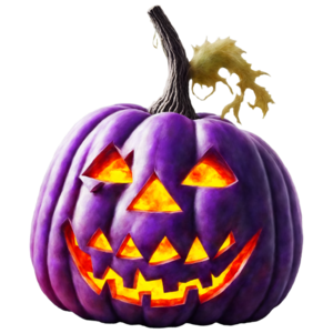 Download purple pumpkin with smiling face and glowing eyes png online