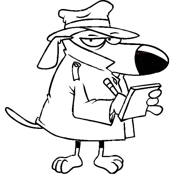 Dog detective taking notes coloring page