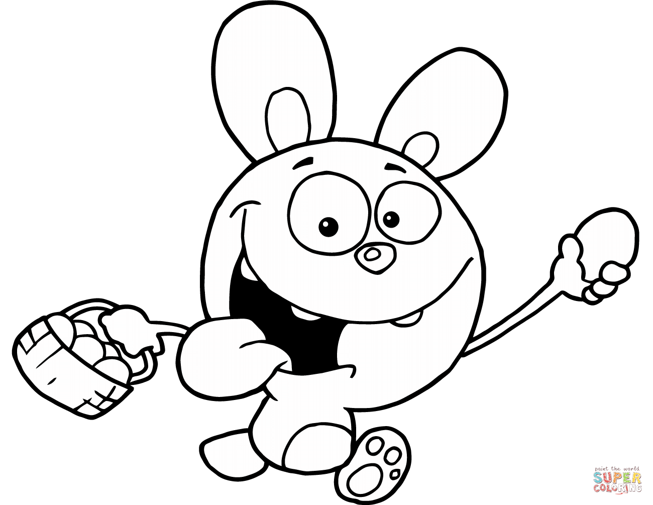 Easter rabbit running and holding up an egg and carrying a basket coloring page free printable coloring pages