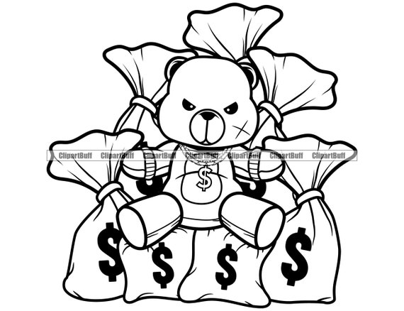 Gangster teddy bear laying on money bags gold jewelry dollar sign necklace cartoon hip hop rap boss drip trap tattoo art logo design png svg