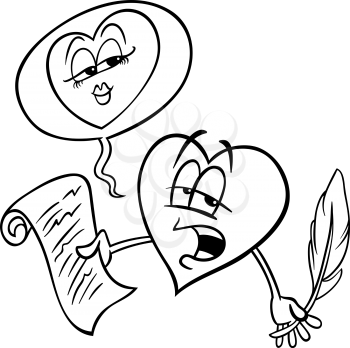 Black and white cartoon illustration of heart poet character reading a love poem on valentine day for coloring book