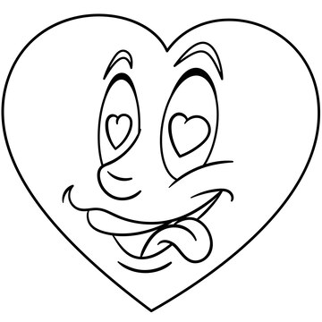 Premium vector cute cartoon heart with funny emoji face kids coloring page