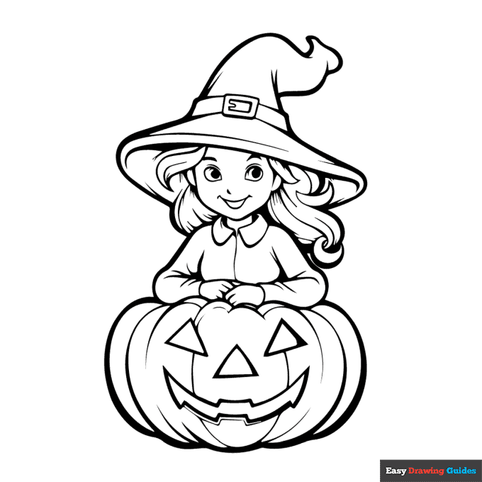 Witch and jack o lantern coloring page easy drawing guides