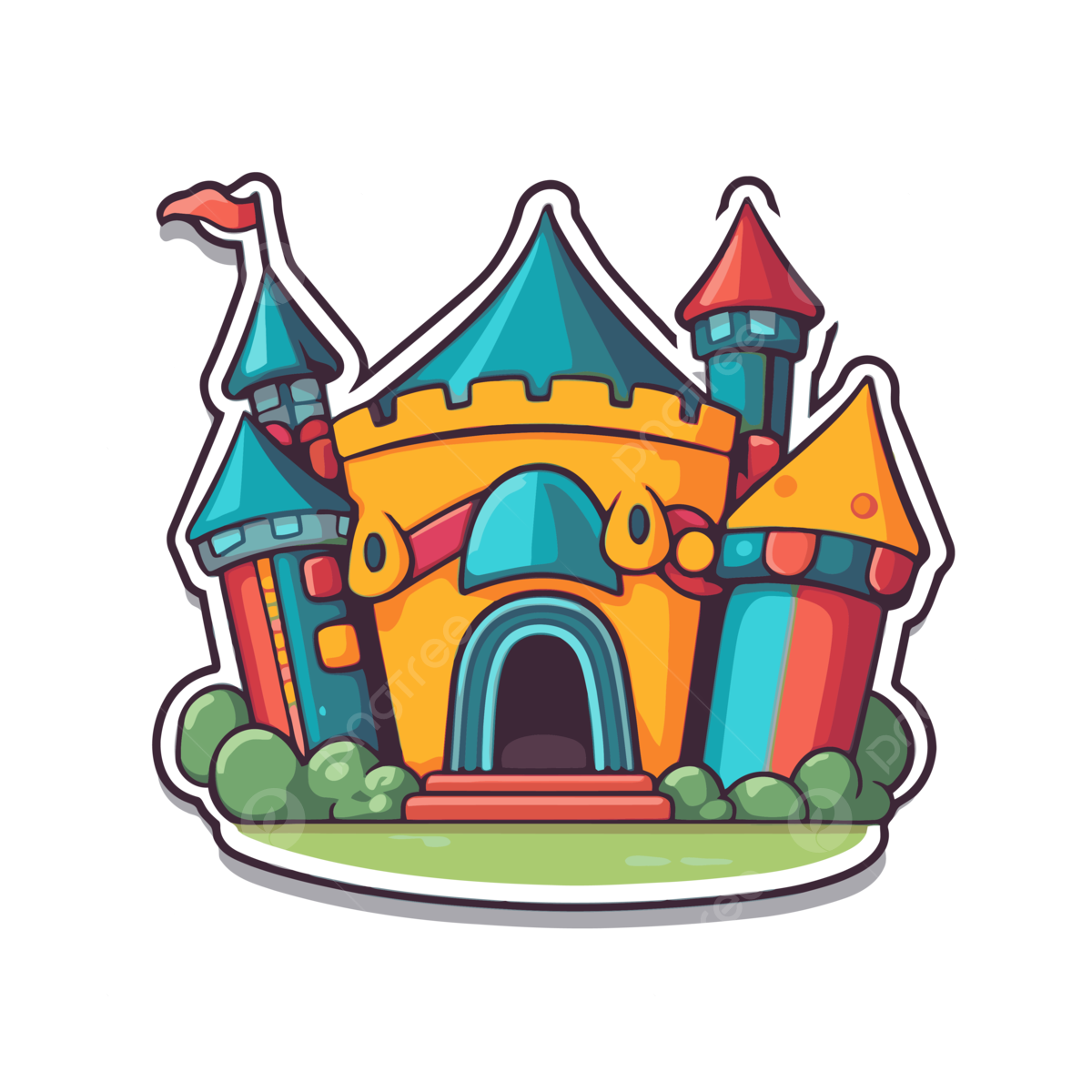Colorful cartoon castle sticker clipart vector sticker design with cartoon bouncy house isolated sticker png and vector with transparent background for free download