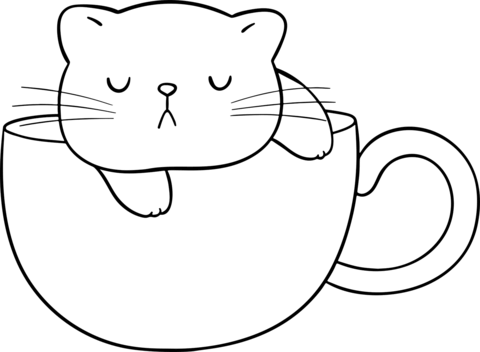 Cute cat in a cup coloring page free printable coloring pages