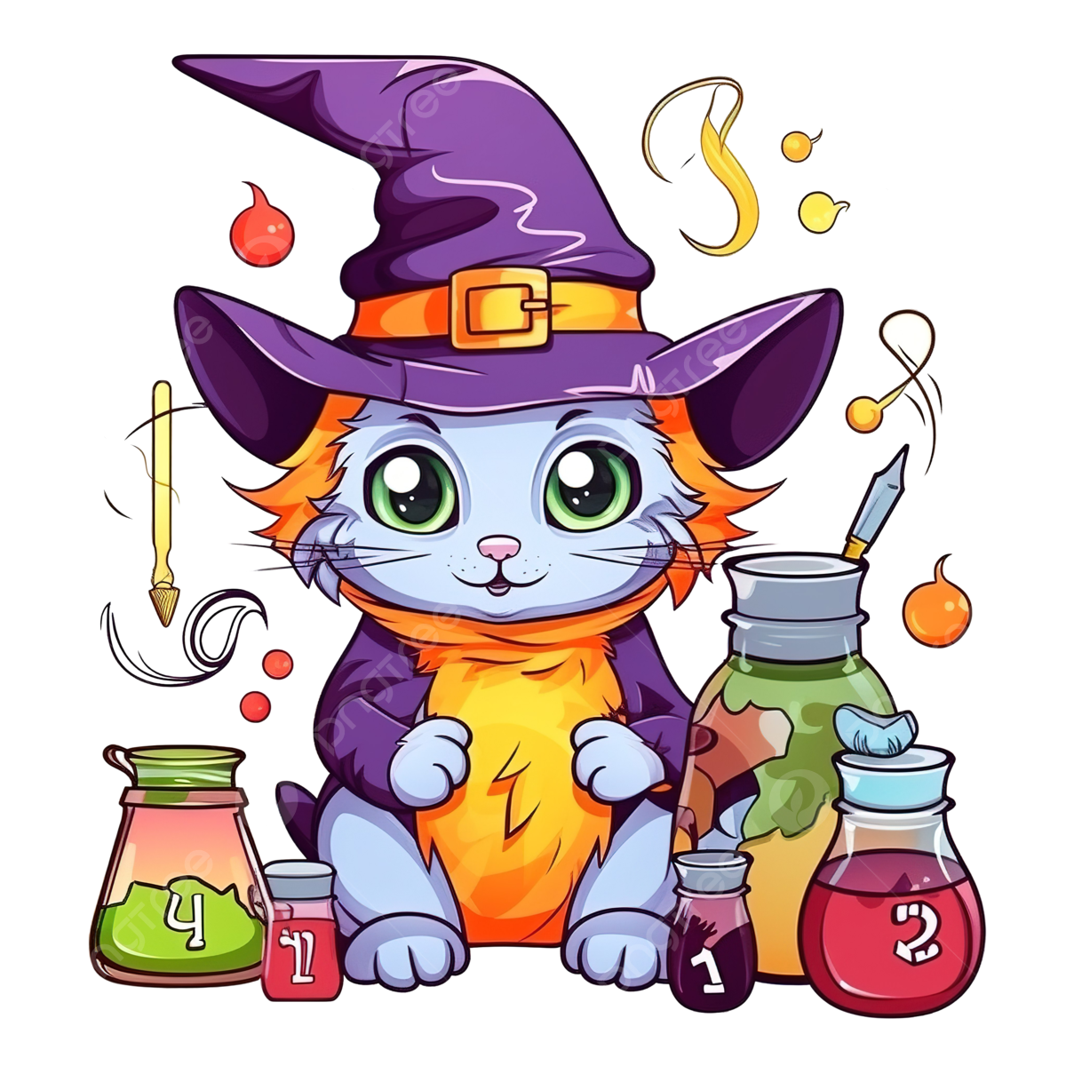 Color by numbers for preschool children cute halloween cat with witch hat and potions worksheet coloring pages png transparent image and clipart for free download