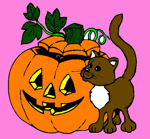 Colored page pumpkin and cat painted by noelia