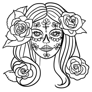 Premium vector day of the dead girl sugar skull hand drawn cartoon sticker icon concept isolated illustration