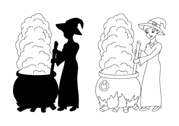 Premium vector a young witch is brewing a potion in a cauldron coloring book page for kids halloween theme