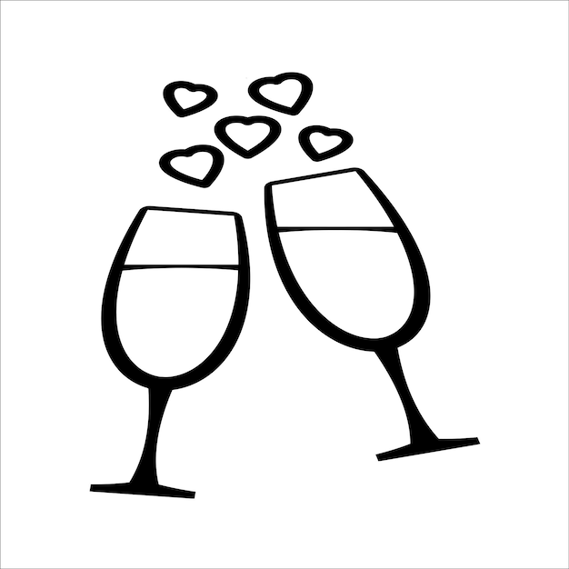 Premium vector a black and white drawing of two champagne glasses with hearts on them