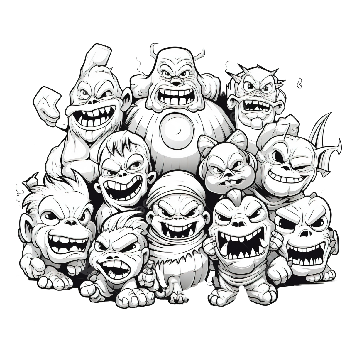 Cartoon halloween or fantasy scary ic characters group coloring book page car drawing cartoon drawing book drawing png transparent image and clipart for free download
