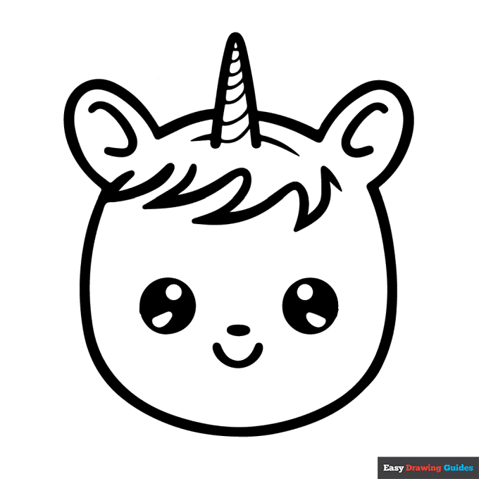 Cute chibi unicorn face coloring page easy drawing guides