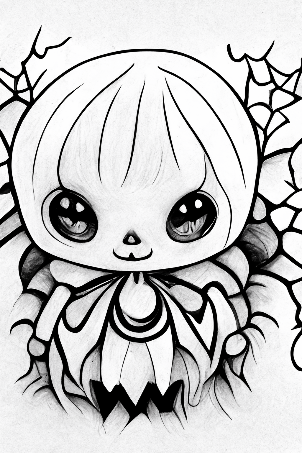 Black and white psychedelic halloween horror chibi kawaii coloring page for adultskawaii printable outlined art festive intricate details crisp lines highly detailed