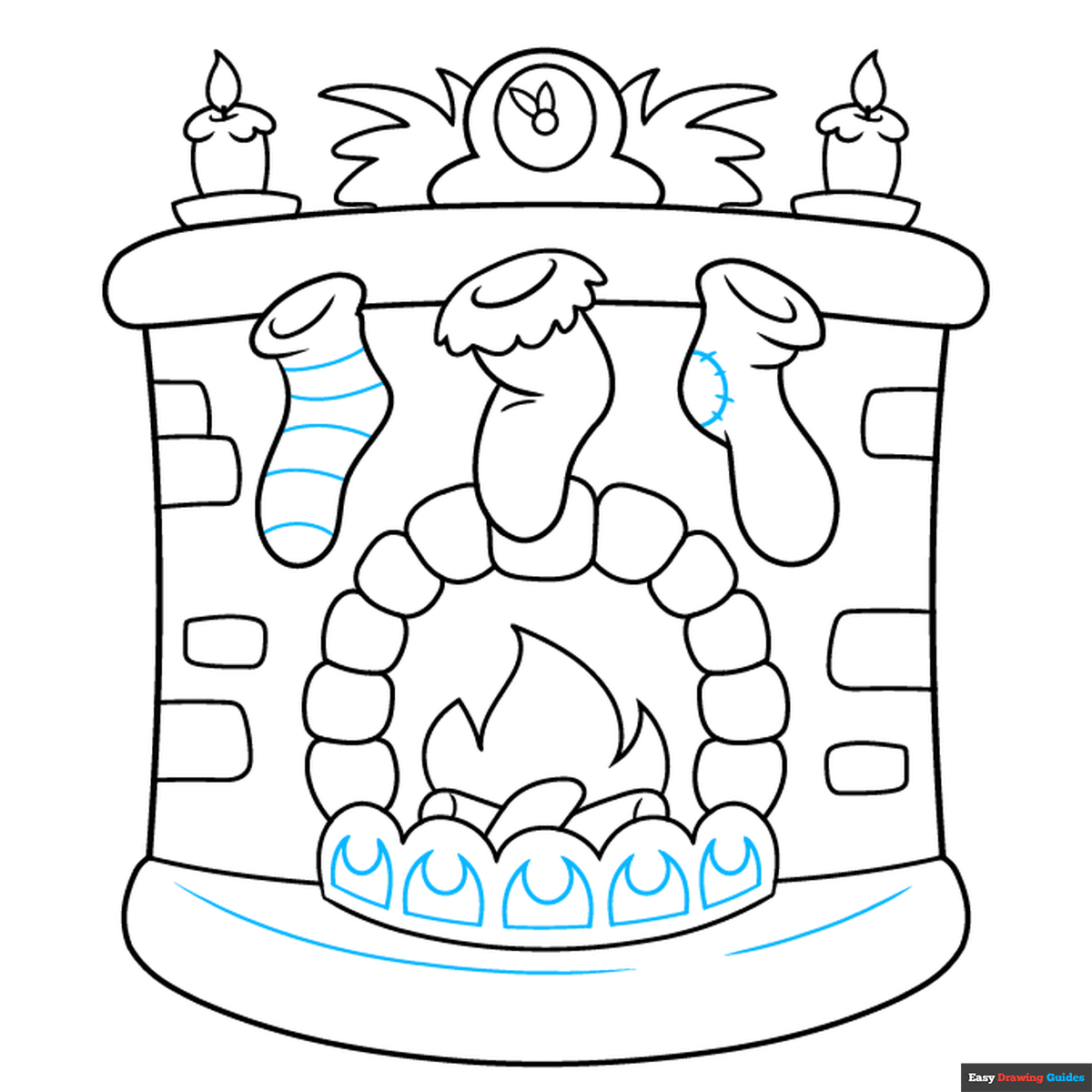 How to draw a fireplace with christmas stockings