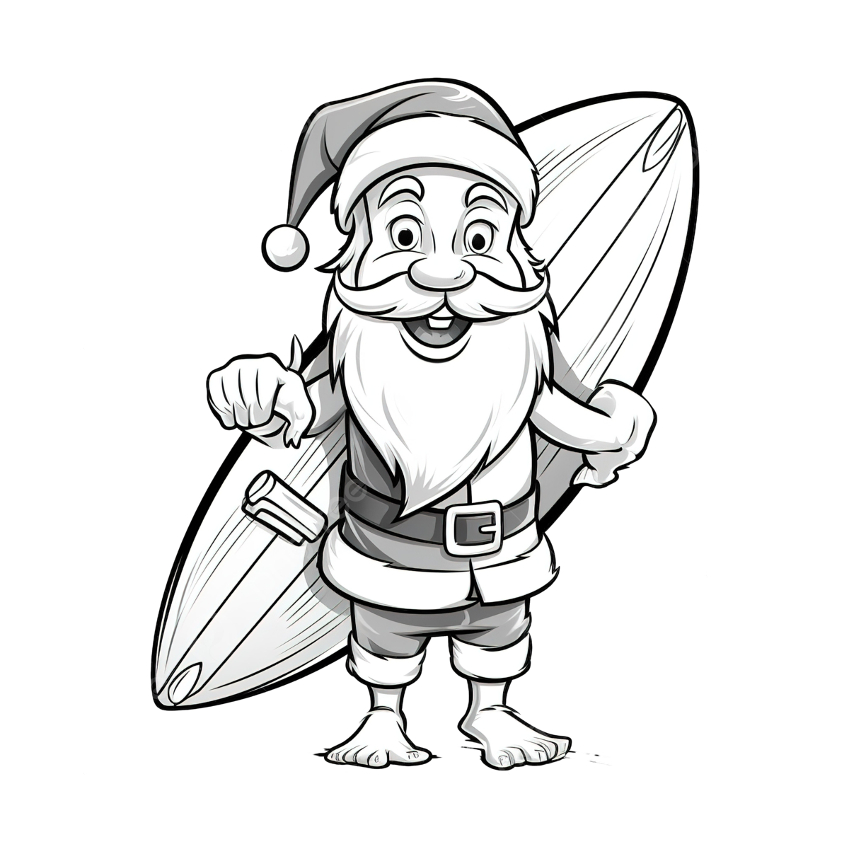 Black and white illustration for christmas coloring book of santa carrying surf board cartoon christmas cartoon christmas santa santa png transparent image and clipart for free download