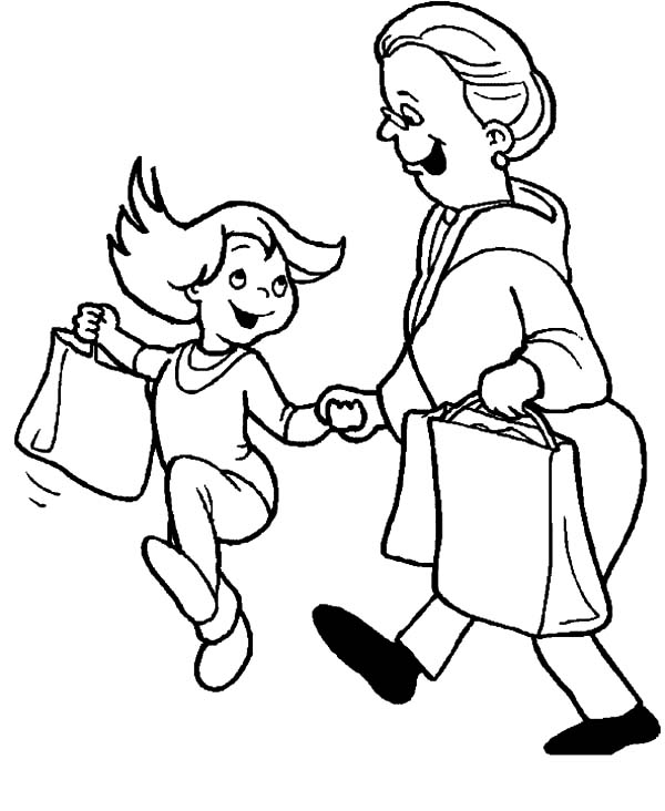 Girl going to supermarket with grandmother coloring pages color luna family coloring pages coloring pages family drawing