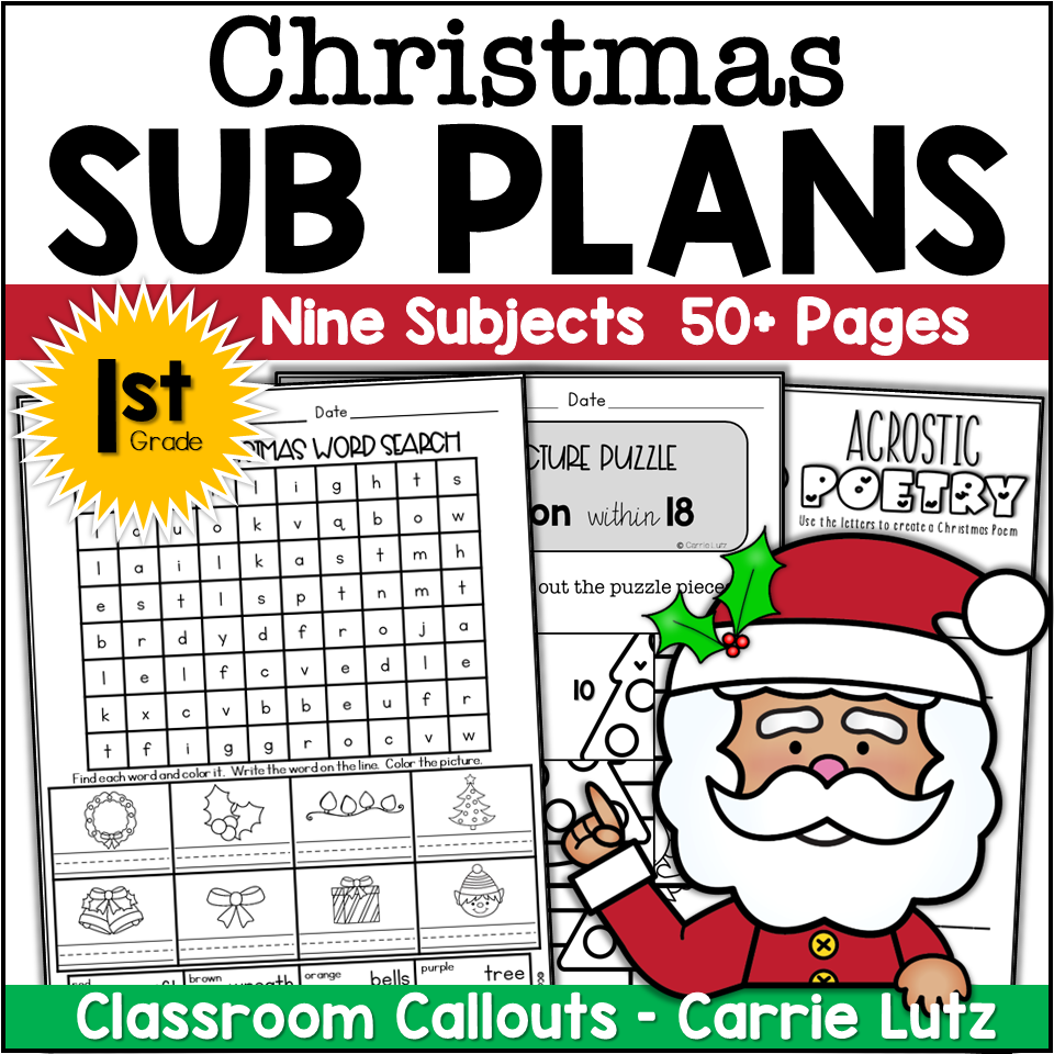 Christmas emergency sub plans for first grade made by teachers