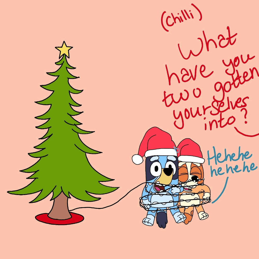 Bluey and bingo accidentally got wrapped in the christmas lights oc rautisticcreatives