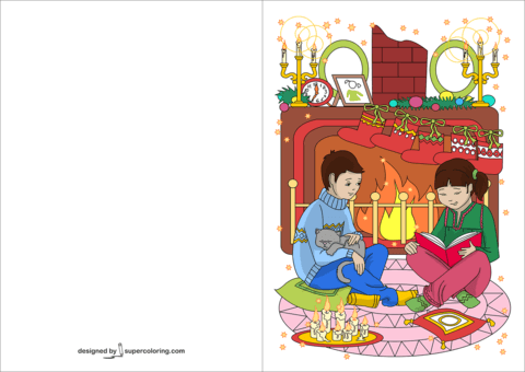 Children in front of fireplace are reading tales on christmas eve card free printable papercraft templates